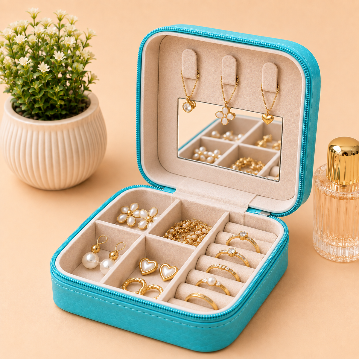 Jewellary Organizer-All-Season Compact Travel Jewellery Box-Zippered Organizer for Earrings, Necklaces & Bracelets