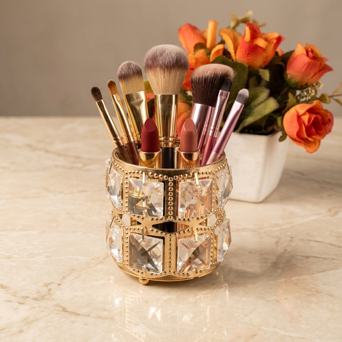 1 Piece Metal Crystal Round Makeup Organizer- Storage for Cosmetic Brushes/Lipsticks/Eyeliner/Nail Polish.