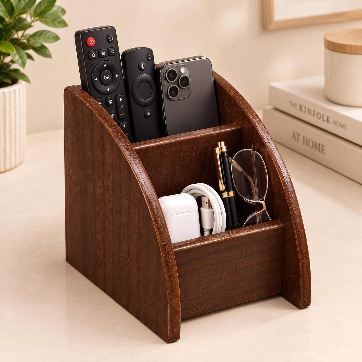 2 Compartment Wooden organizer for Office Desk, TV remote holder, mobile holder and other home accessories.