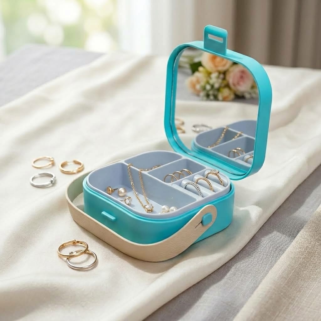Jewellary Organizer-All-Season Compact Travel Jewellery Box with Mirror-Organizer for Earrings, Necklaces & Bracelets